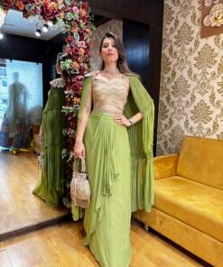STUNNING PLEATED SKIRT CROP WITH FLOWER CROW SLEEVES-GREEN