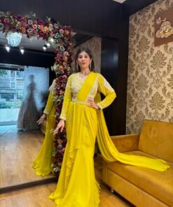 STYLISH LIRIL YELLOW HEAVY SAREE DRAPE WITH HAND WORK