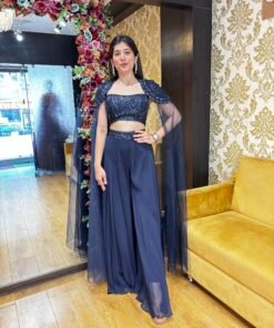 STYLISH PLAZZO BUSTER WITH DRAMATIC CAPE-ROYAL BLUE