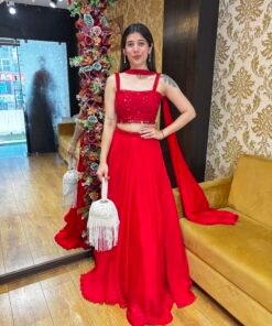 STUNNING CREPE SKIRT TOP WITH NECK BELT DUPATTA-RED