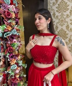 Alternative view of STUNNING CREPE SKIRT TOP WITH NECK BELT DUPATTA-RED