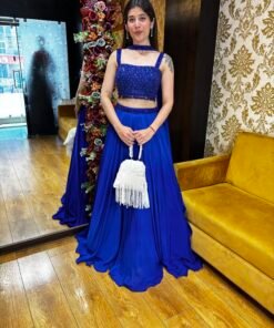 STUNNING CREPE SKIRT TOP WITH NECK BELT DUPATTA-ELECTRIC BLUE
