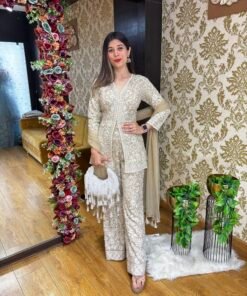 STUNNING LUCKNOWI BELL BOTTOM SET-BEIGE GOLD