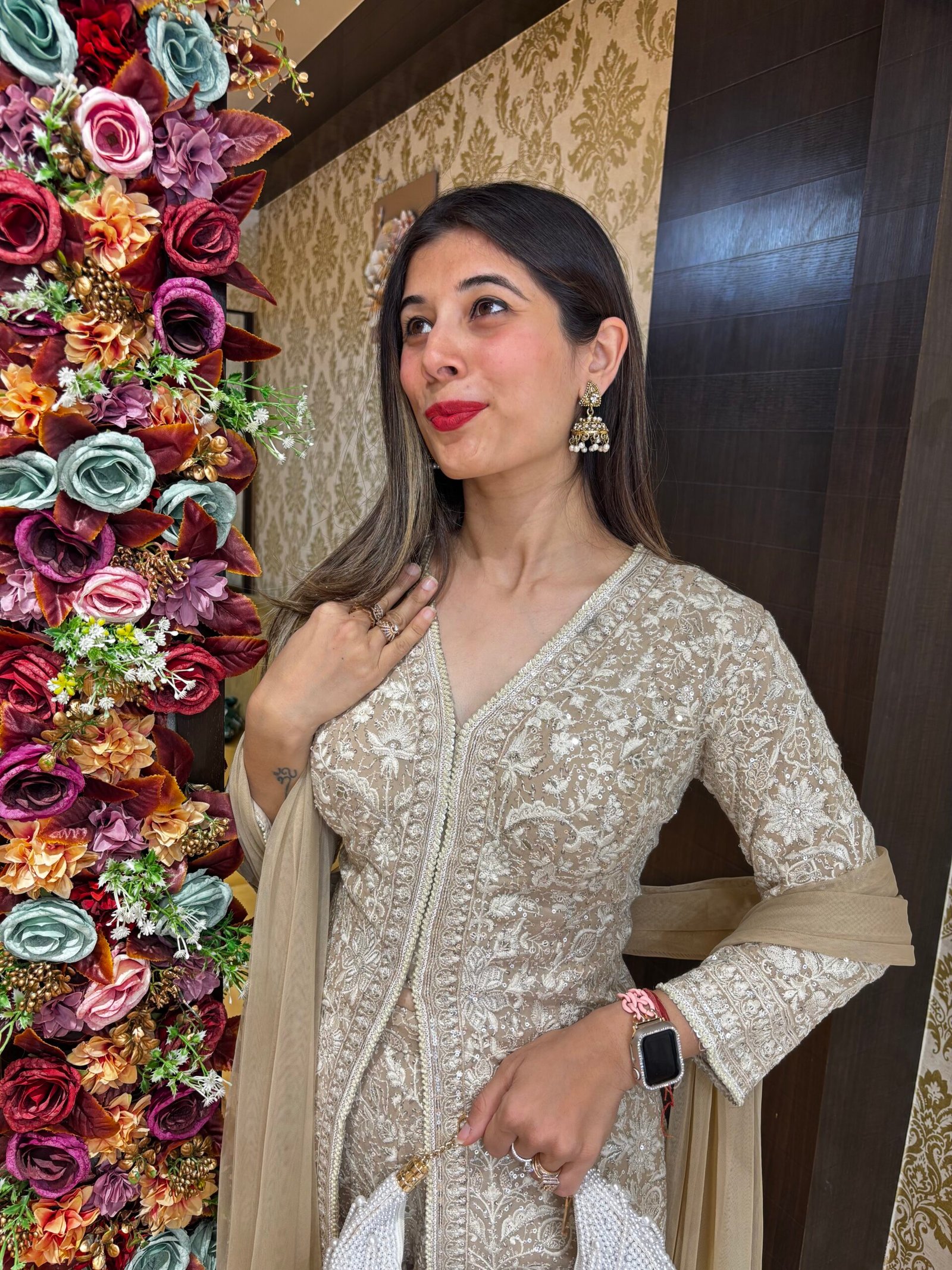 STUNNING LUCKNOWI BELL BOTTOM SET-BEIGE GOLD - Image 2