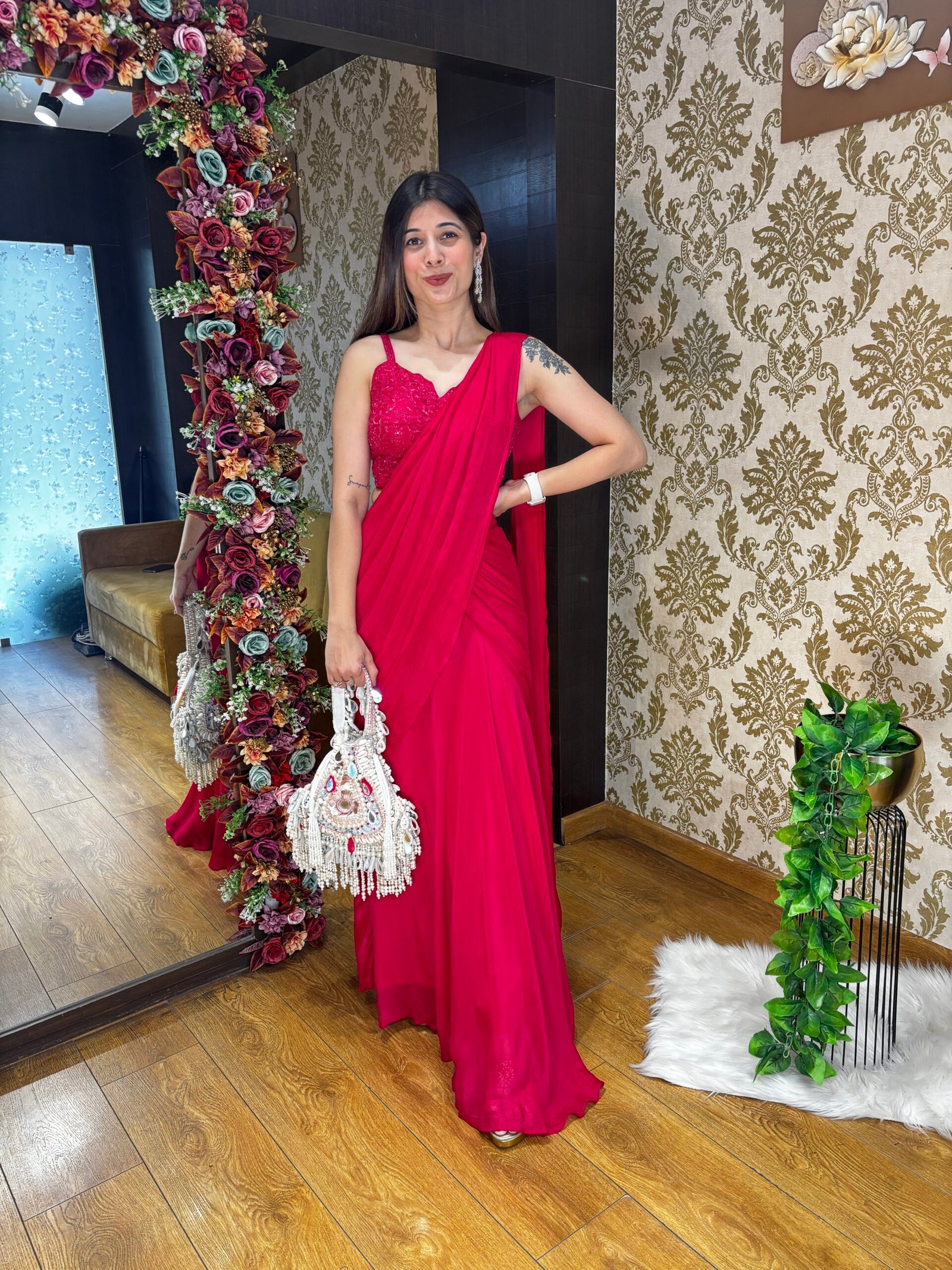 HOT PINK SPAGETTI READY TO WEAR DRAPE SAREE