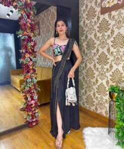 SHINE SLIT DRAPE SAREE-BLACK