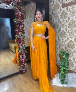 RIYA PLEATED SKIRT CROP WITH DRAMATIC CAPE-ORANGE