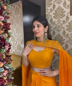 Alternative view of RIYA PLEATED SKIRT CROP WITH DRAMATIC CAPE-ORANGE