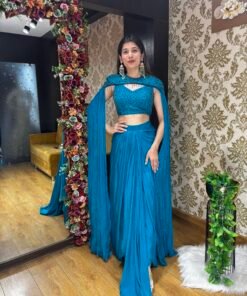 RIYA PLEATED SKIRT CROP WITH DRAMATIC CAPE-BLUE
