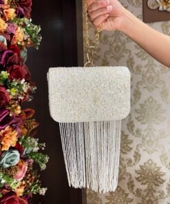 WHITE LONG TASSEL CLUTCH BAG WITH HEAVY HANDLE
