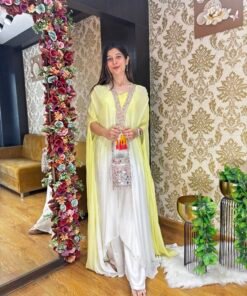 YELLOW WHITE OMBRE PLAZZO BUSTER WITH TASSELED KAFTAN JACKET