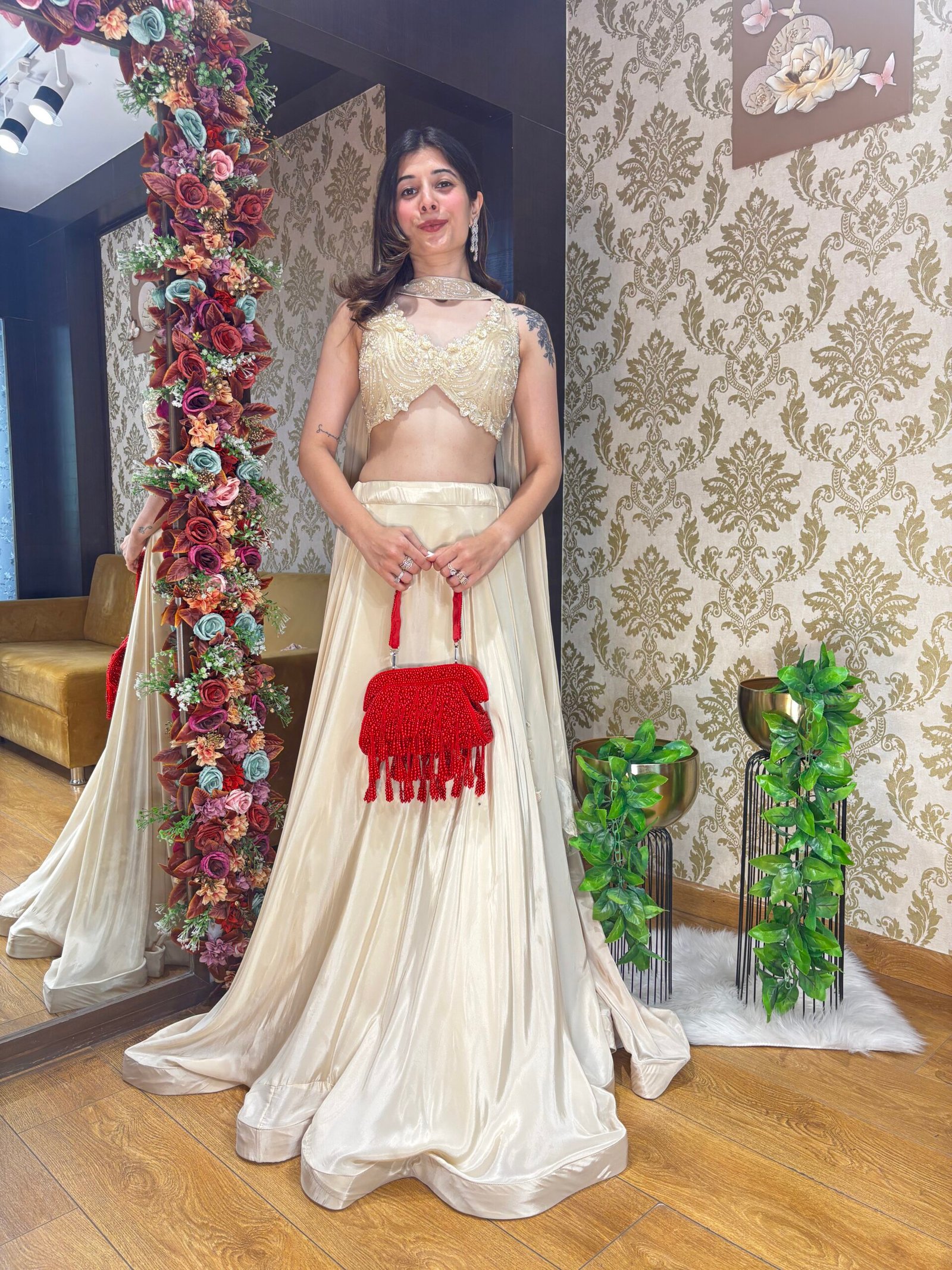 MIYA STUNNING CREPE BEIGE LENGHA WITH NECK DUPATTA - Image 2