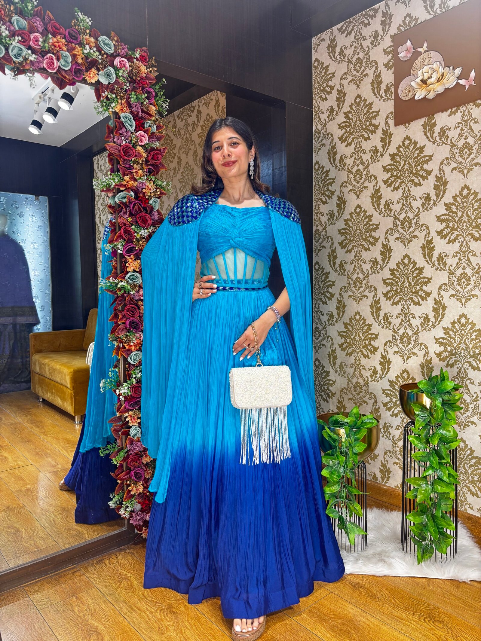 BLUE OMBRE CORSET BLOUSE WITH HEAVY CAPE