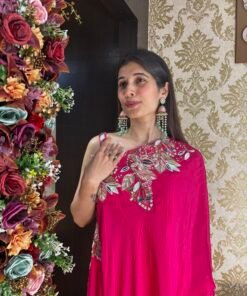 Alternative view of KIYA HOT PINK PLAZZO WITH ONE SIDE SHOULDER TOP