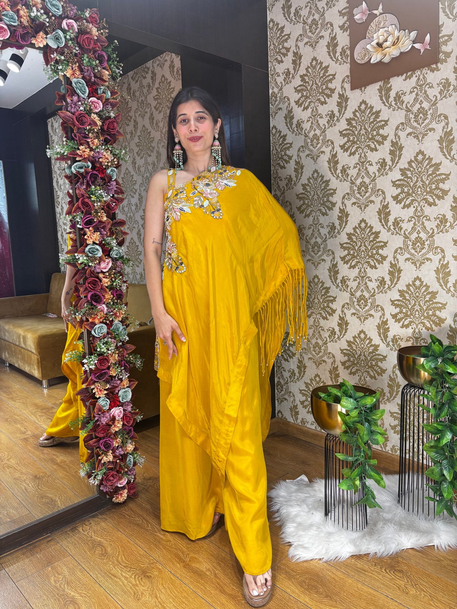 KIYA YELLOW PLAZZO WITH ONE SIDE SHOULDER TOP