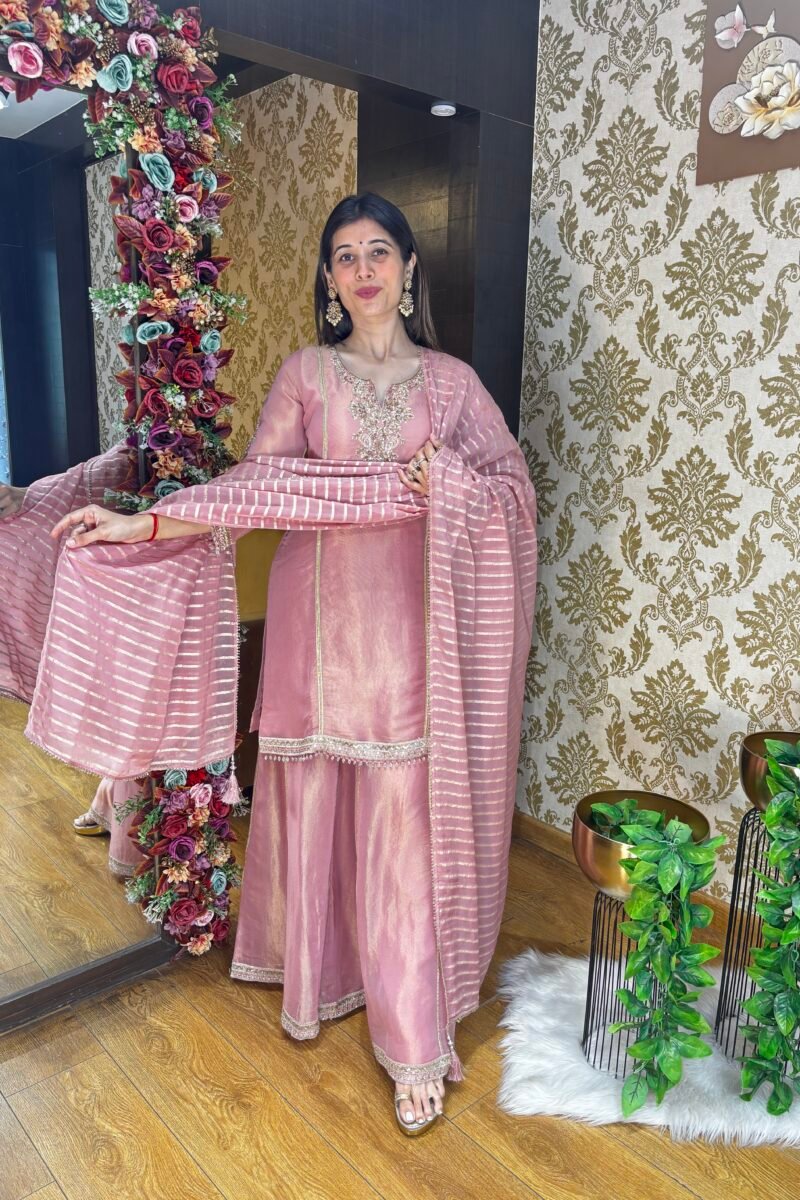 MAHI HEAVY TISSUE SHARARA SET WITH DUPATTA-PEACH PINK