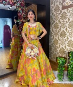RIHANA FLORAL SKIRT WITH CORSET BLOUSE & CAPE-YELLOW MULTI