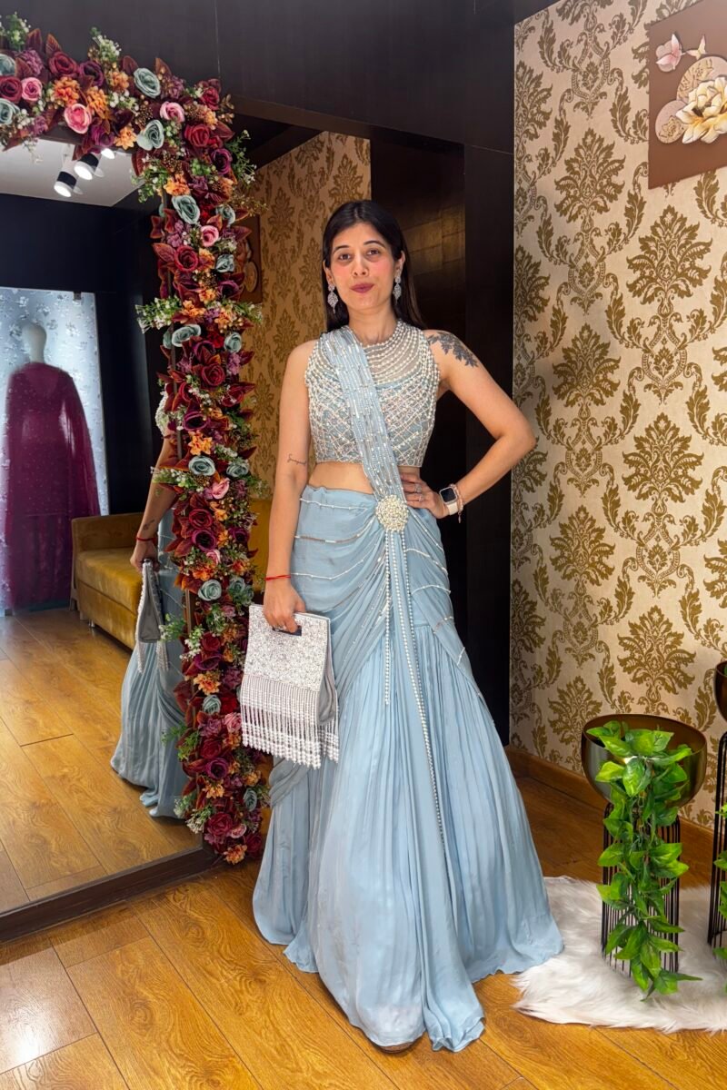 HEAVY PEARL BLOUSE WITH DRAPE SKIRT-POWDER BLUE
