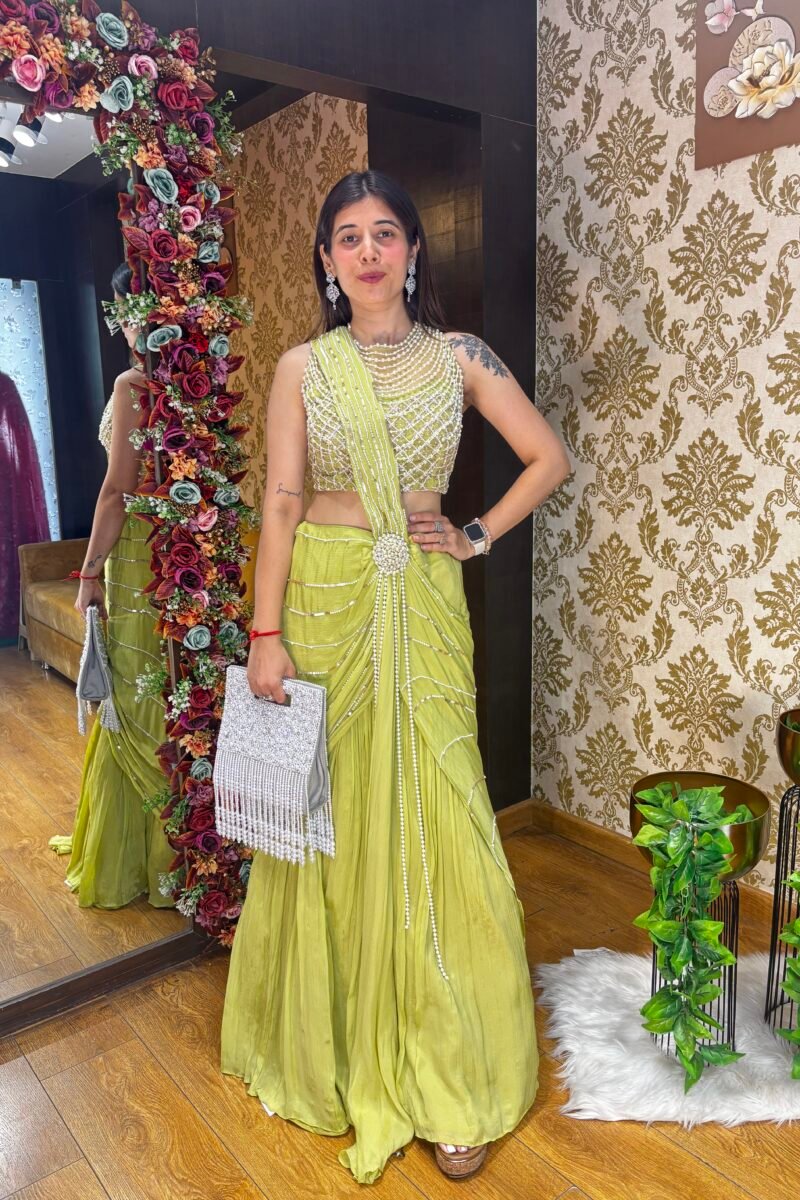 HEAVY PEARL BLOUSE WITH DRAPE SKIRT-POWDER GREEN