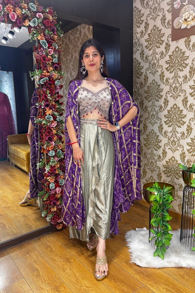 BANDHANI JACKET WITH PLEATED SKIRT-PURPLE METALLIC