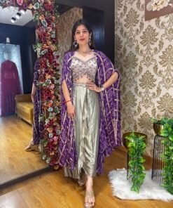 BANDHANI JACKET WITH PLEATED SKIRT-PURPLE METALLIC
