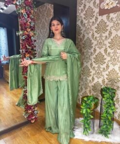 NURA GREEN SHORT TOP WITH FLARED PLAZZO & DUPATTA