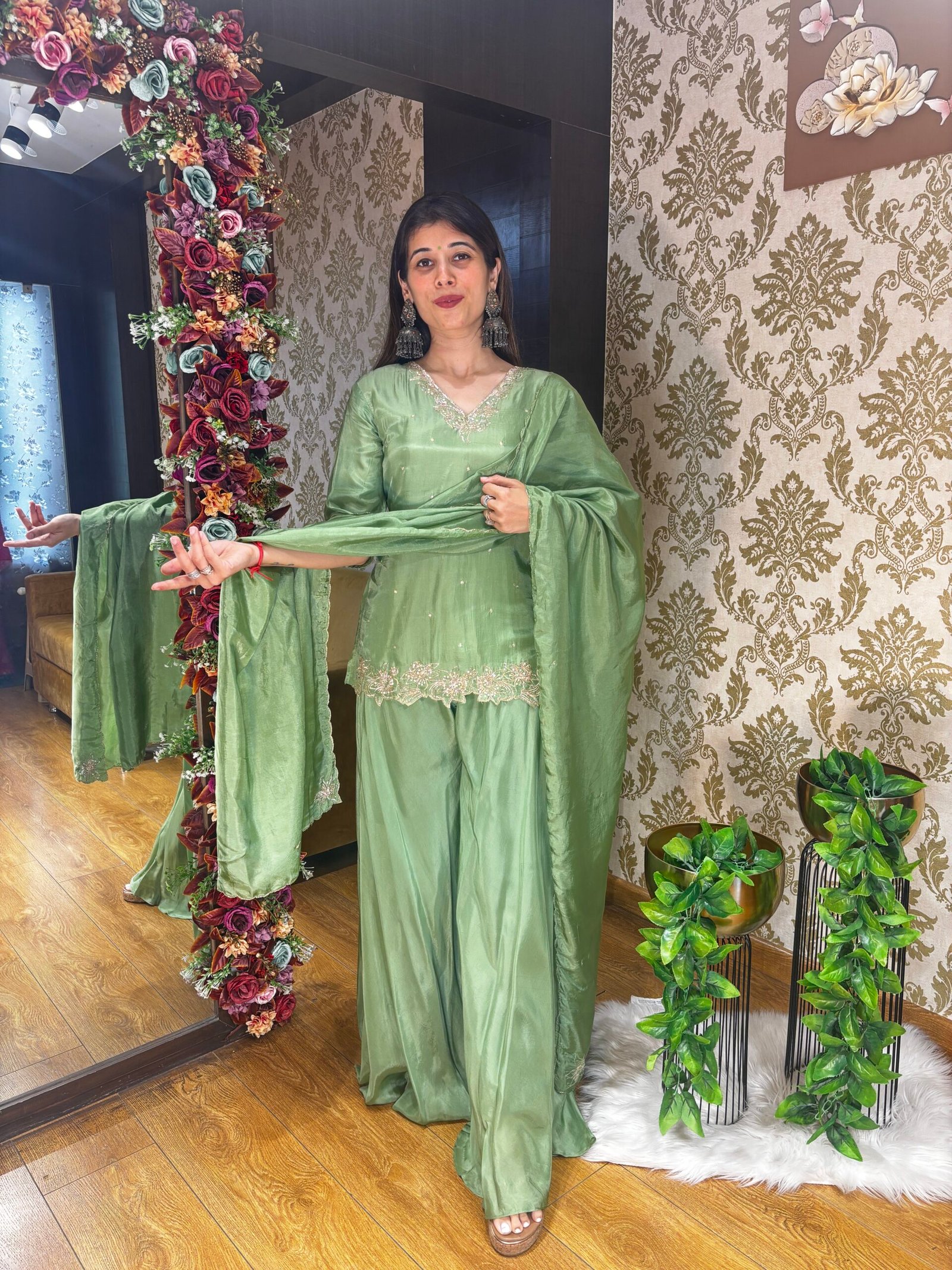 NURA GREEN SHORT TOP WITH FLARED PLAZZO & DUPATTA