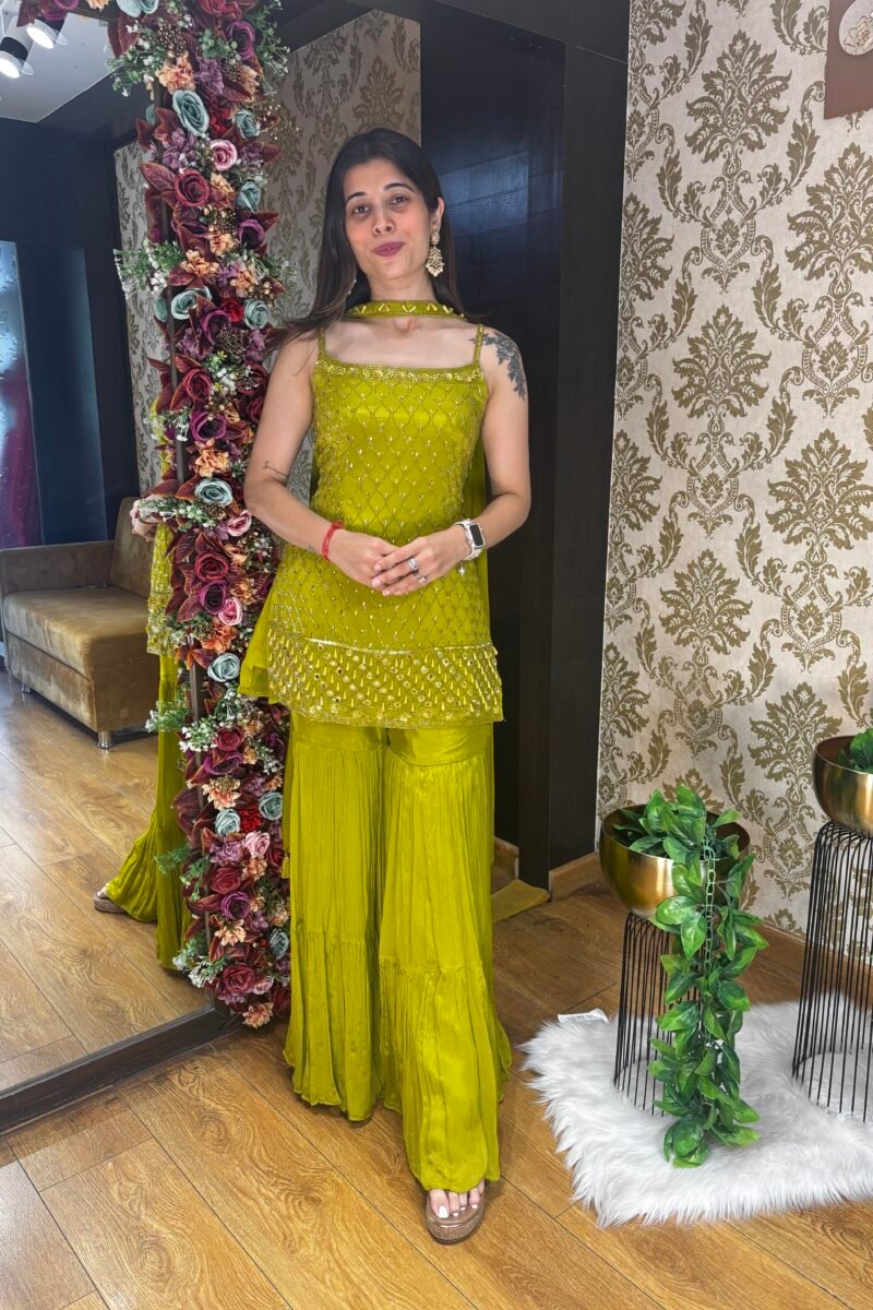 OLIVE GREEN HAND WORK SHARARA SET