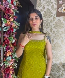 Alternative view of OLIVE GREEN HAND WORK SHARARA SET