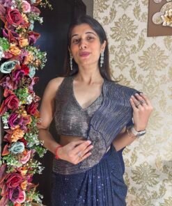 Alternative view of MIDNIGHT SPARKLE PRE DRAPED SAREE-ROYAL BLUE