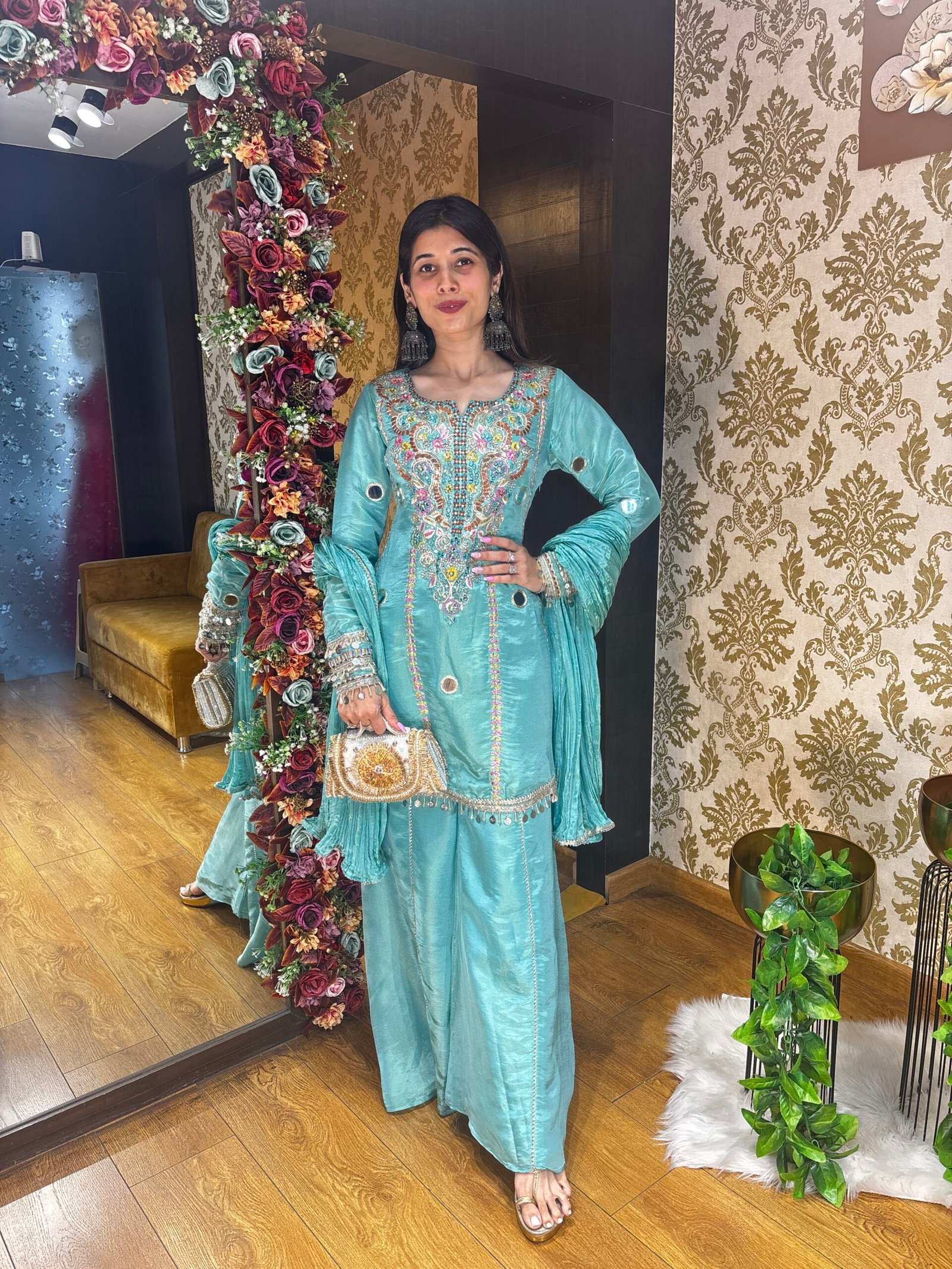 SEERAT MIRROR PLAZZO SET WITH UNIQUE TOP-BLUE