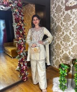SEERAT MIRROR PLAZZO SET WITH UNIQUE TOP-BEIGE WHITE