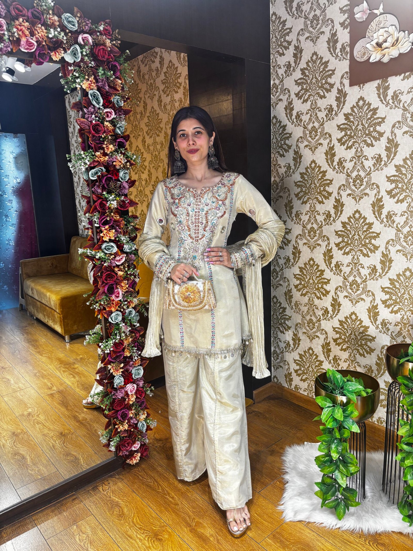 SEERAT MIRROR PLAZZO SET WITH UNIQUE TOP-BEIGE WHITE