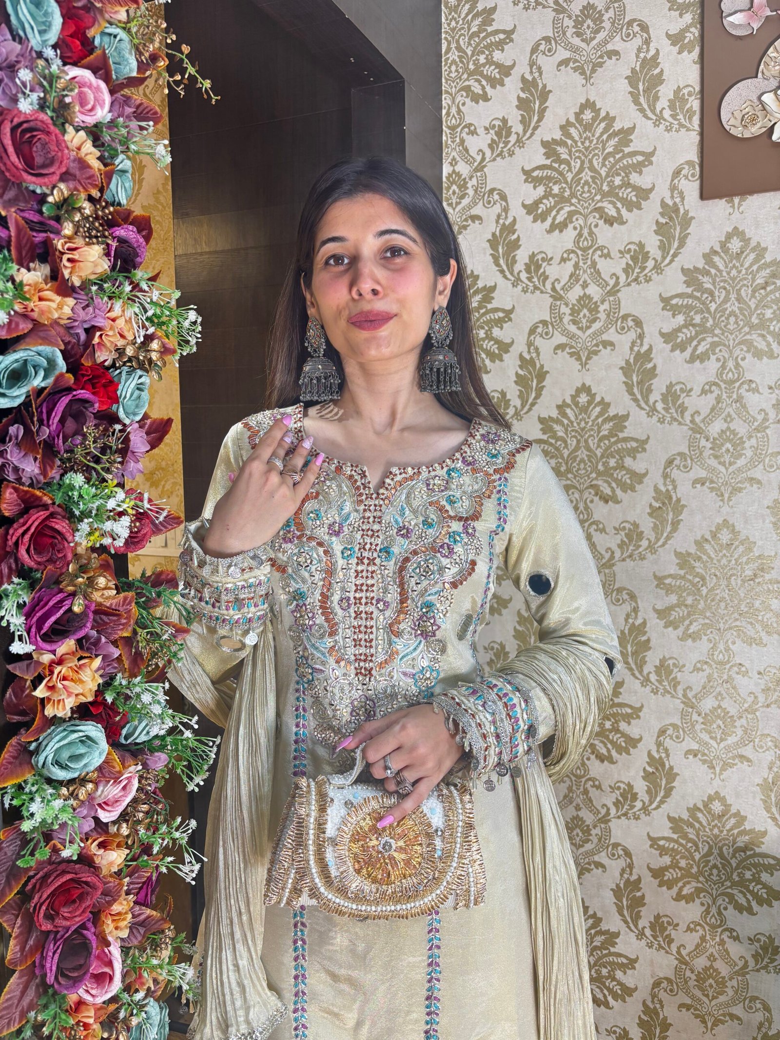 SEERAT MIRROR PLAZZO SET WITH UNIQUE TOP-BEIGE WHITE - Image 2