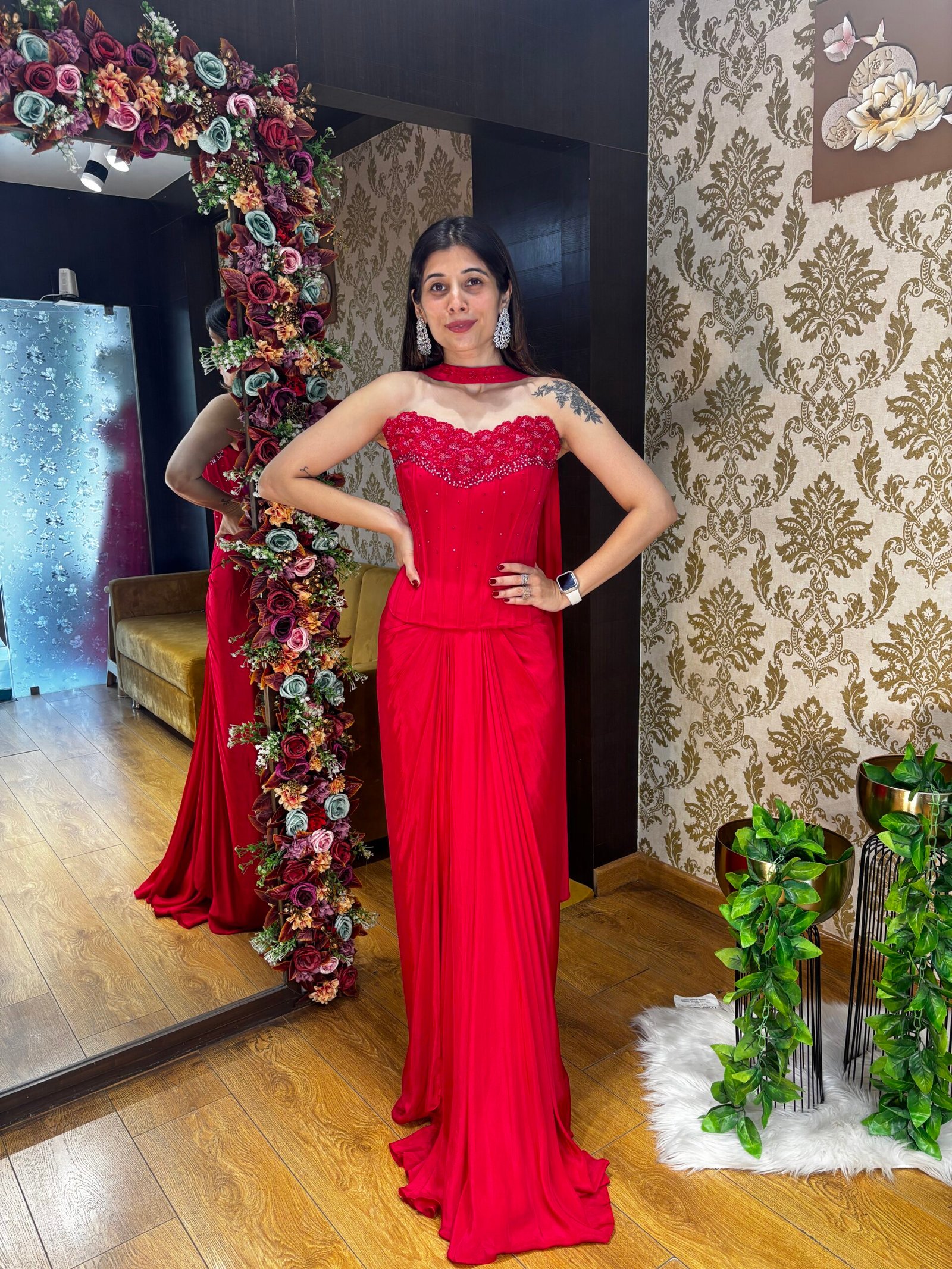 VIANA RED PLEATED SKIRT WITH CORSET BLOUSE & SASH