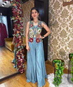 ZINNAT POWDER BLUE PLAZZO JACKET SET-TISSUE