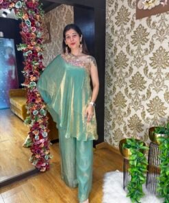 PATSEL BLOOM ONE SIDE SHOULDER CO-ORD SET-GREEN TISSUE