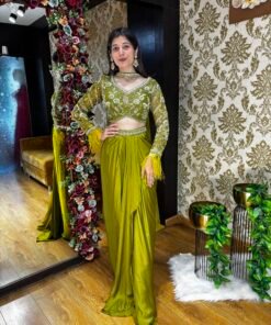 VIHA STYLISH GREEN INDO WESTERN SET WITH FEATHER SLEEVES