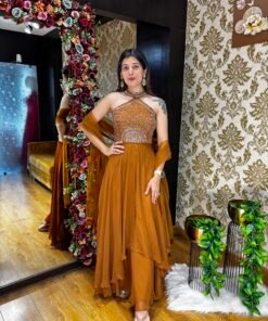 EVAYA STYLISH GOLD HALTERNECK PLAZZO SET