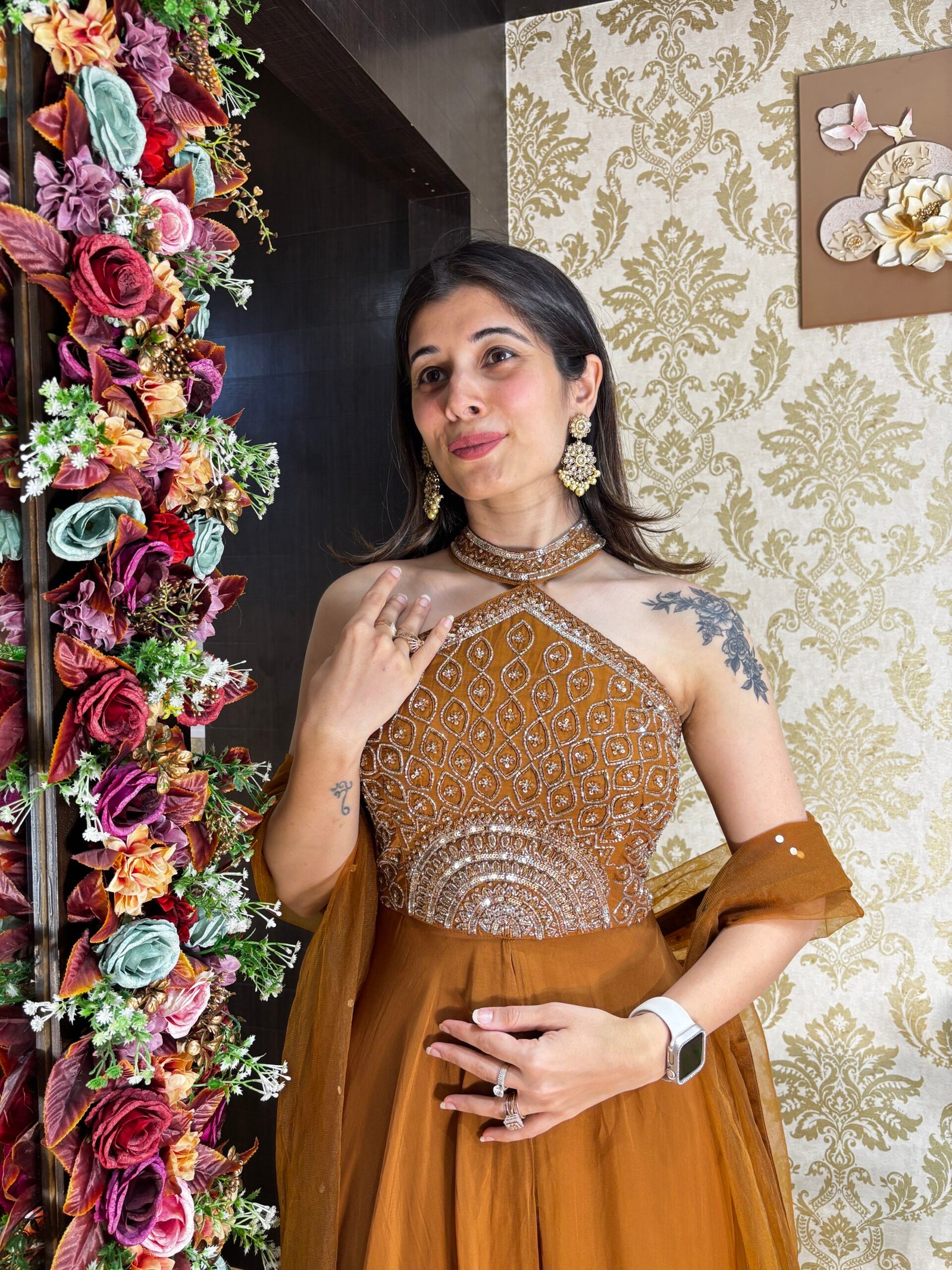 EVAYA STYLISH GOLD HALTERNECK PLAZZO SET - Image 2