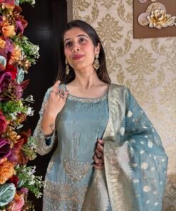 Alternative view of SEAFOAM DREAM HANDWORK  SHARARA SET WITH HEAVY DUPATTA