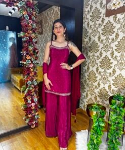 MAROON CLASSY SPAGETTI PLAZZO SET WITH NECK BELT DUPATTA