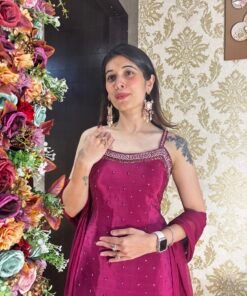 Alternative view of MAROON CLASSY SPAGETTI PLAZZO SET WITH NECK BELT DUPATTA