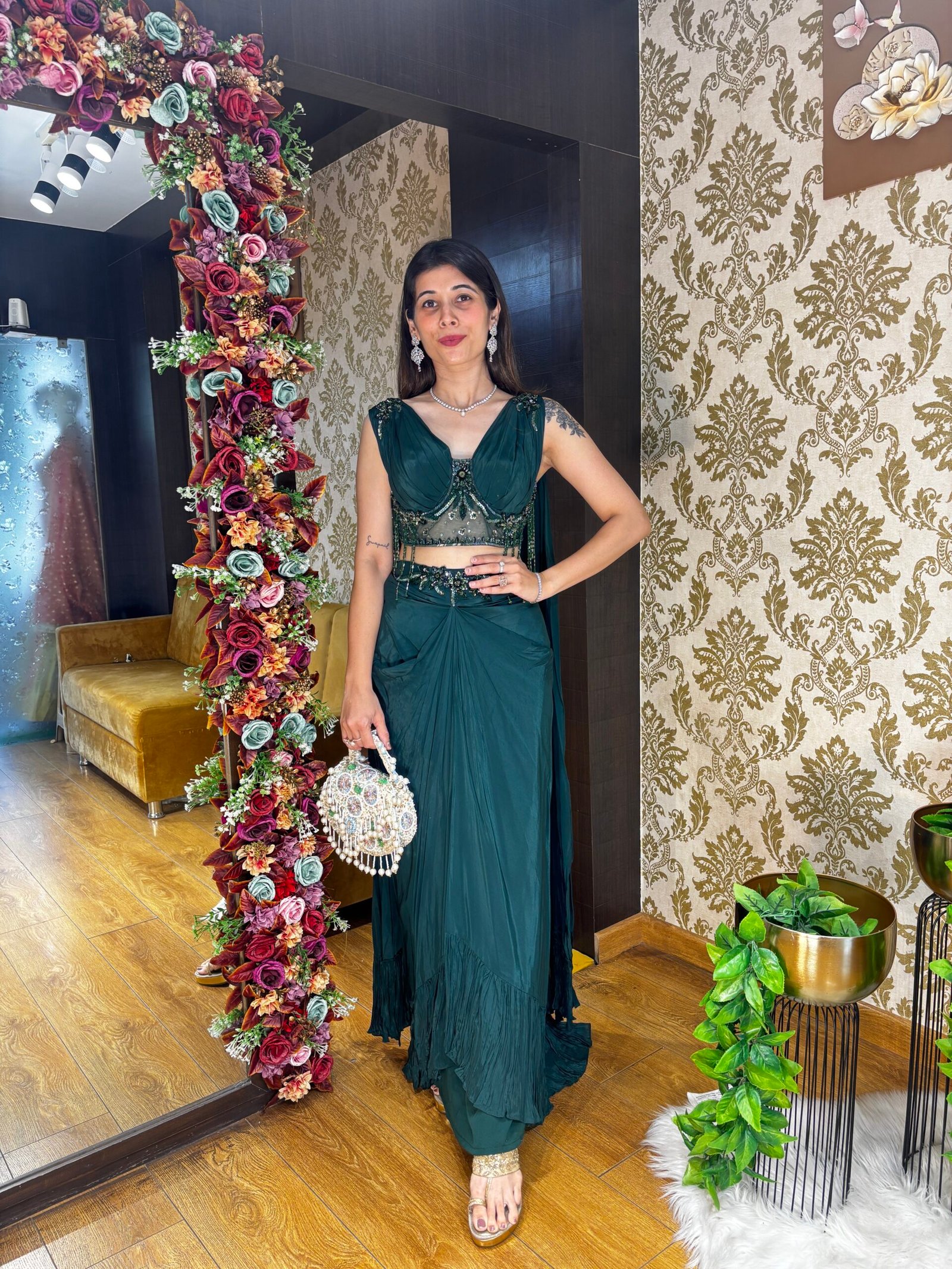 MIDNGHT GREEN GLAM INDO SET WITH DUPATTA ATTACHED
