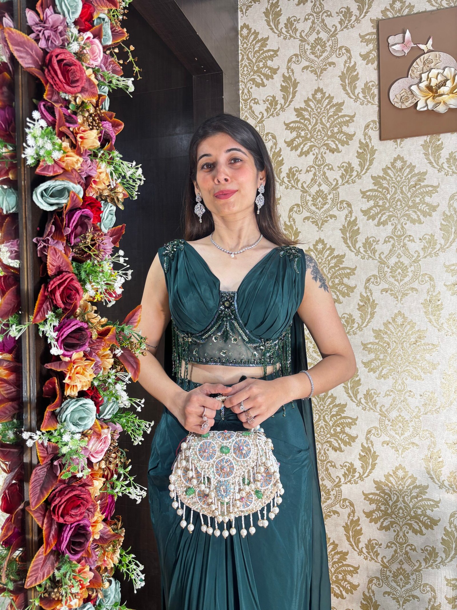 MIDNGHT GREEN GLAM INDO SET WITH DUPATTA ATTACHED - Image 2