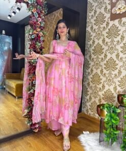 PIHA STYLISH BABY PINK FLORAL ANARKALI SUIT