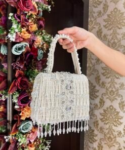 IVORY DRAMATIC PEARL BOX TASSELED BAG