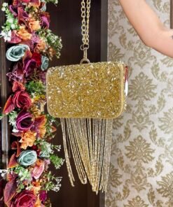 GOLD LONG TASSELED VERY STYLISH HANDWORK BAG