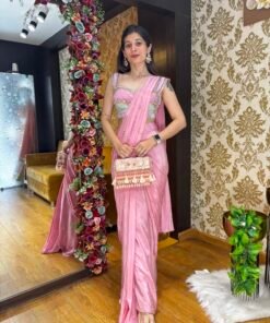 STYLISH BABY PINK DRAMATIC BLOUSE DRAPE SAREE