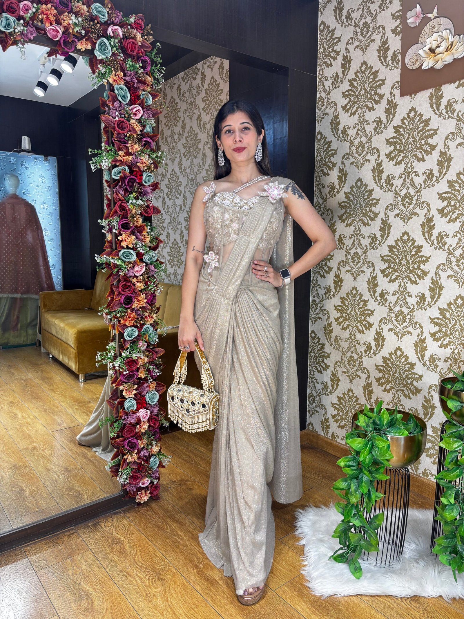 CHAMPAGNE GLOW DRAPE READY TO WEAR SAREE